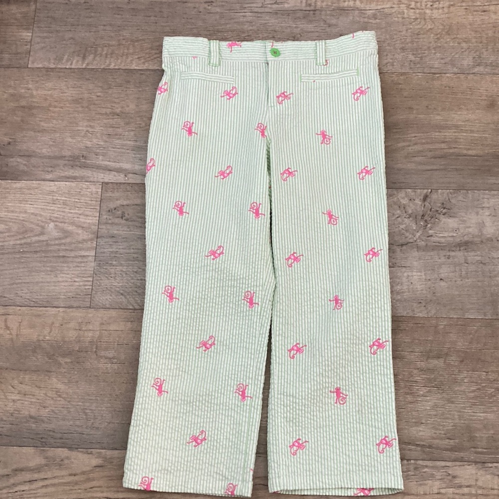 Lilly Pulitzer Seersucker Striped Pants w/  Pink Monkey Adjustable Waist Size 12